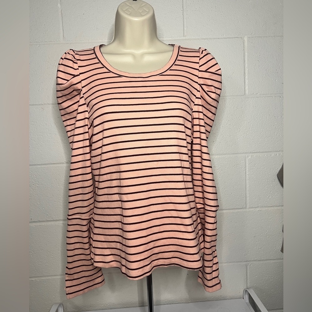 MAEVE puffed -Sleeve Striped Ribbed Top